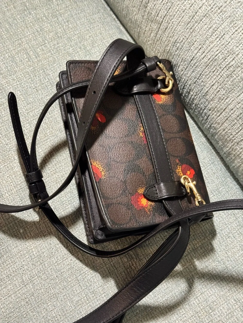 Coach Floral Signature Crossbody Bag in Brown with Red Accents